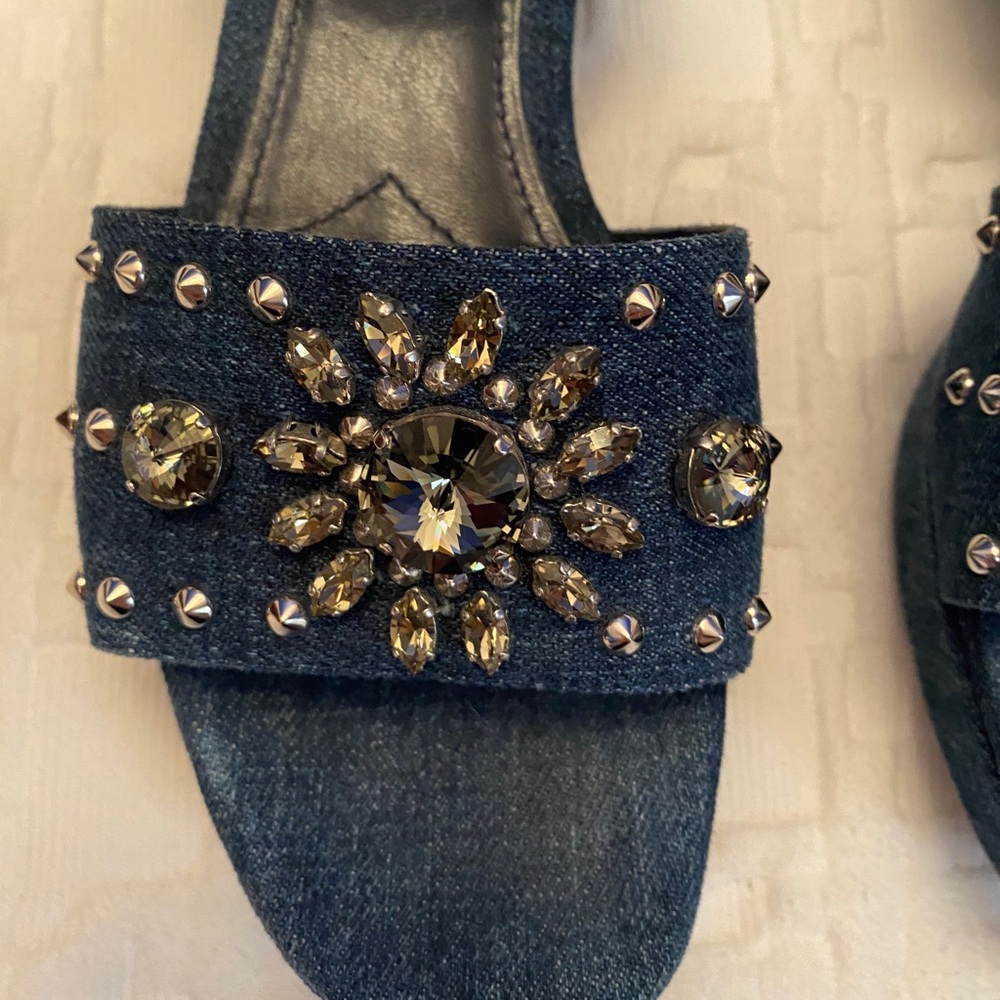 Miu Miu Denim Crystal Chunky Heel Sandals 7* - Picture 6 of 12